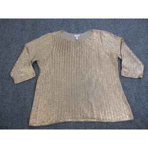 Chico's Sweater Womens XL Size 3 Gold Metallic 3/4 Sleeve‎ Scoop Neck Pullover